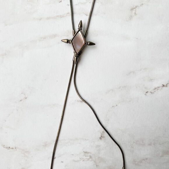 Shop Dixi Three Layered Necklace Gunmetal Gray with Pink Stone Center - Picture 4 of 6